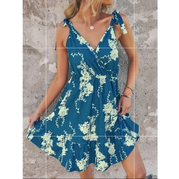 🌊HP🌊 Floral Print Tie Shoulder Ruffle Hem Cami Dress Medium - Picture 6 of 10